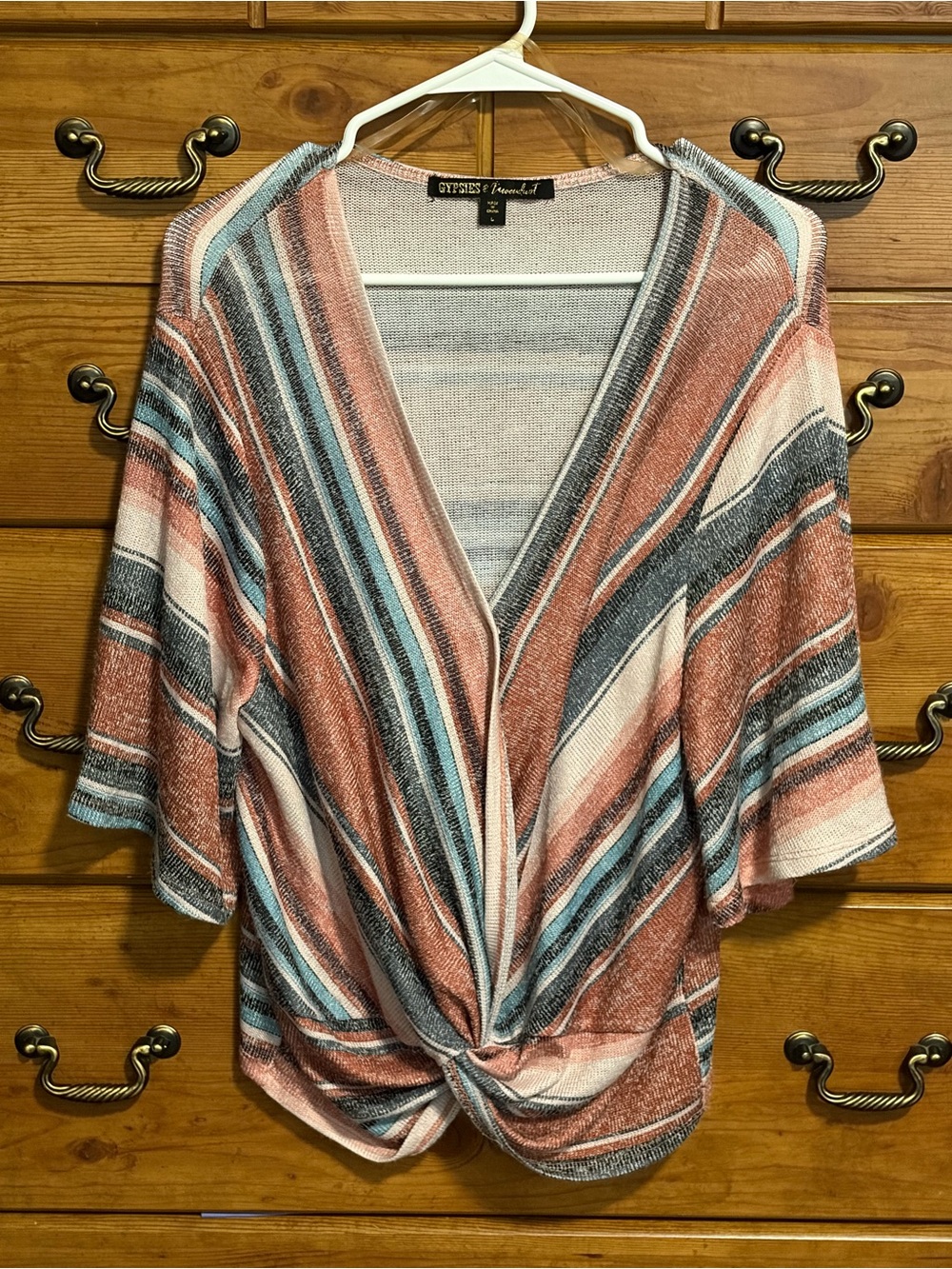 Gypsies & Moondust Striped Twist-Front V-Neck Sweater - Rose, Blue, Cream, Gray
